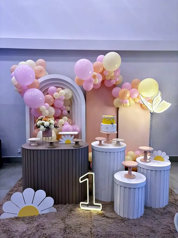 Primeiro aniversário com margaridas e borboleta iluminada